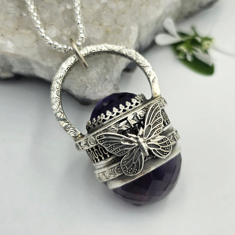 Faceted Amethyst & Sterling Butterfly Cage Necklace