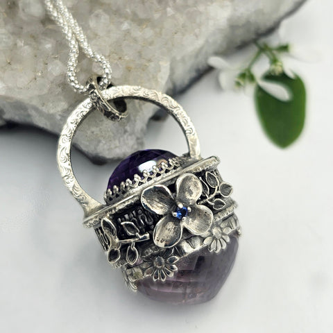 Faceted Amethyst & Sterling Floral Cage Necklace