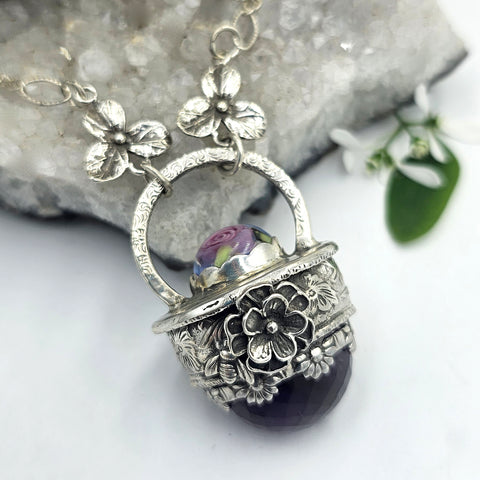 Faceted Amethyst & Glass Sterling Cage Necklace