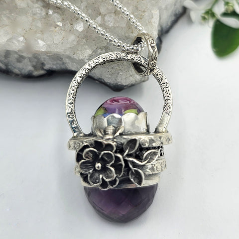Faceted Amethyst & Roses Sterling Cage Necklace