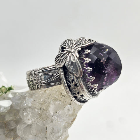 Faceted Amethyst & Butterfly Sterling Cage Ring
