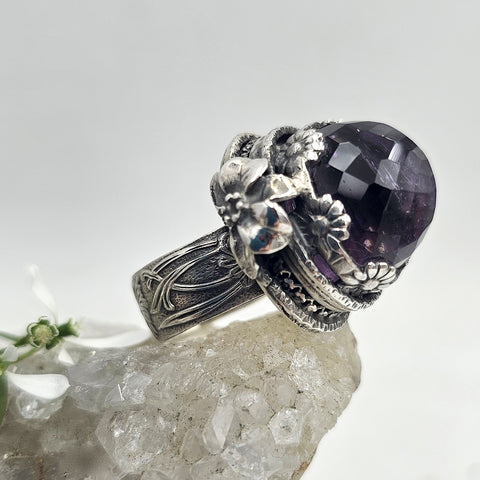 Faceted Amethyst & Floral Sterling Cage Ring