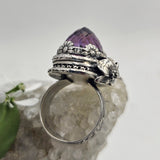 Faceted Amethyst & Floral Sterling Cage Ring