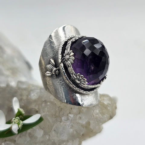 Faceted Amethyst & Bees Sterling Saddle Ring