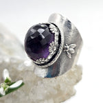 Faceted Amethyst & Bees Sterling Saddle Ring