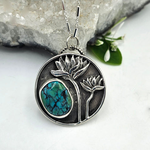 Lotus Flowers & Turquoise Sterling Necklace